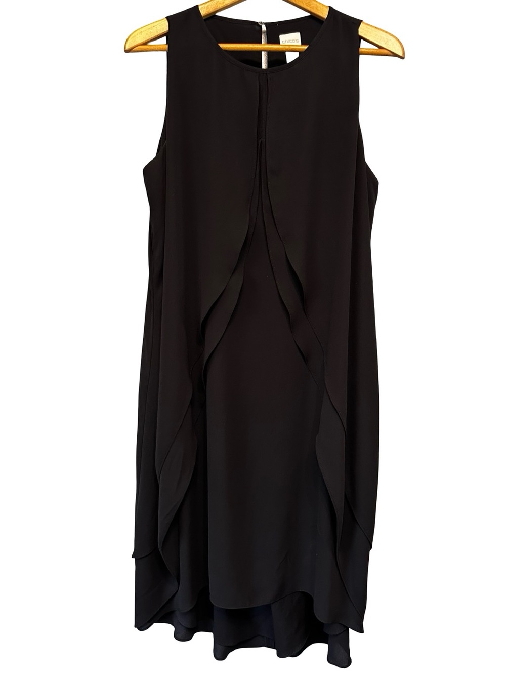 Chico’s Black Layered Chiffon Shift Dress Large Asymmetrical Overlay Midi - Picture 2 of 11